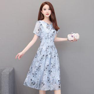 Short Sleeve V-neck Printed Chiffon Dress