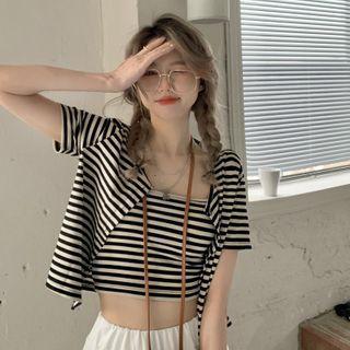 Set: Striped Camisole Top + Short-sleeve Cropped Cardigan Set - Stripes - Black & White - One Size