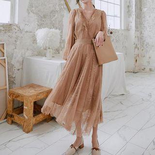Set: Long-sleeve V-neck Top + Midi A-line Skirt