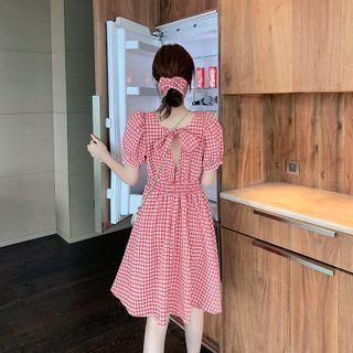 Balloon-sleeve Gingham Open-back A-line Dress