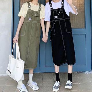 Contrast Stitching Denim Midi Overall Dress