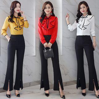 Set: Ruffle-trim Shirt + Boot-cut Dress Pants