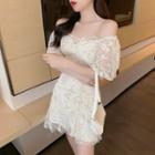 Floral Embroidered Puff-sleeve Mini A-line Mesh Dress