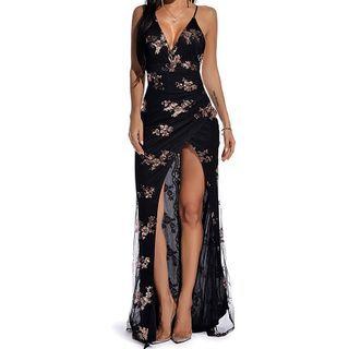 Spaghetti Strap Sequined Slit Maxi Sheath Dress