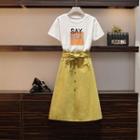 Set: Short-sleeve Printed T-shirt + Tie-waist A-line Midi Skirt
