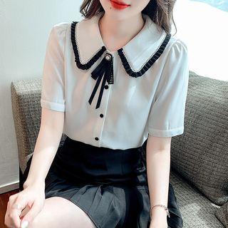 Short-sleeve Ruffle Trim Bow Blouse