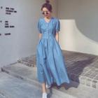 Short Sleeve V-neck Denim Midi A-line Dress