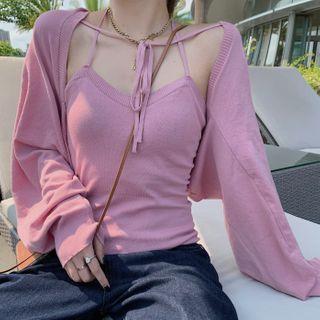 Set: Long Sleeve Cropped Cardigan + Plain Camisole
