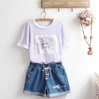 Set: Printed Short-sleeve T-shirt + Embroidered Denim Shorts