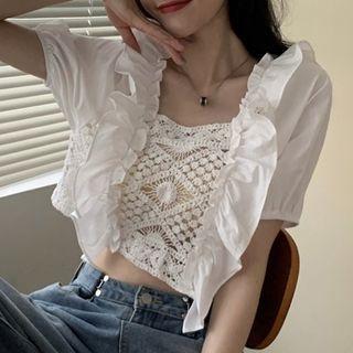 Puff-sleeve Lace Panel Ruffled Blouse