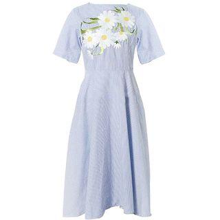 Embroidered Short-sleeve Striped A-line Dress