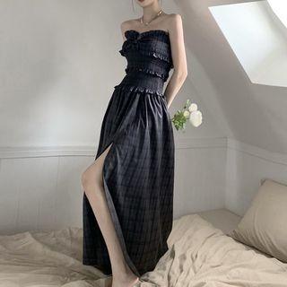 Strapless Check Ruffled A-line Dress