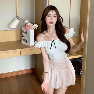 Cold-shoulder Cropped T-shirt / Mini A-line Skirt