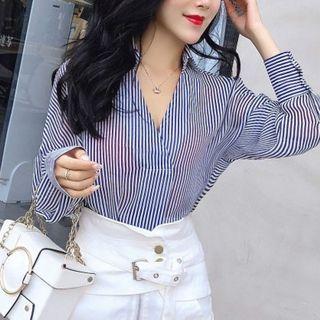 Set: Striped V-neck Long-sleeve Blouse + High-waist Shorts