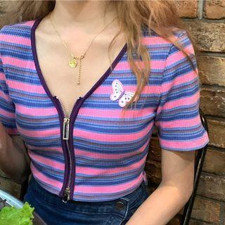 Short-sleeve Striped Zip Knit Top Stripe - Pink & Blue - One Size