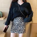 Mesh Panel Sweater / Mini Leopard Print A-line Skirt