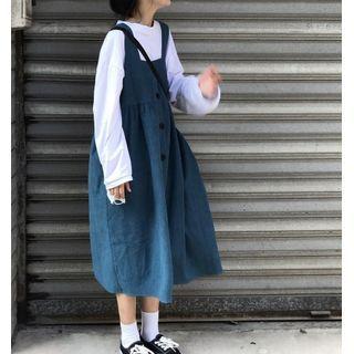Long-sleeve Plain T-shirt / Midi Overall Dress / Set