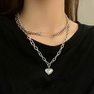 Heart Safety Pin Pendant Layered Alloy Choker Necklace 1 Pc - Heart Safety Pin Pendant Layered Alloy Choker Necklace - Silver - One Size