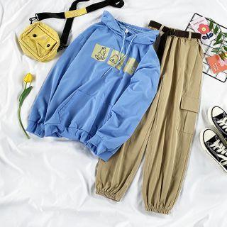 Cartoon Bear Print Hoodie / Harem Cargo Pants