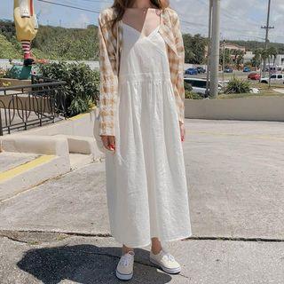 Plaid Shirt / Plain Spaghetti-strap Dress