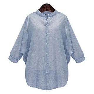 Stand Collar Perforated Trim 3/4 Sleeve Shirt