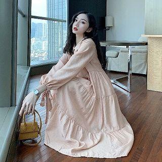 Plain Lace-up Chiffon Long-sleeve Dress Camel - One Size