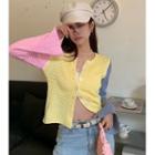 Bell-sleeve Color-block Cardigan Pink & Yellow & Gray - One Size