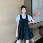 Balloon-sleeve Shirt / Shirred Pinafore Dress
