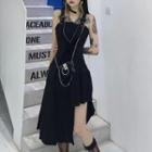 Spaghetti Strap Irregular Hem Midi A-line Dress Black - One Size