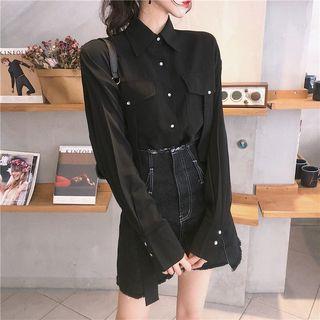 Plain Long-sleeve Loose-fit Shirt / Denim Shorts