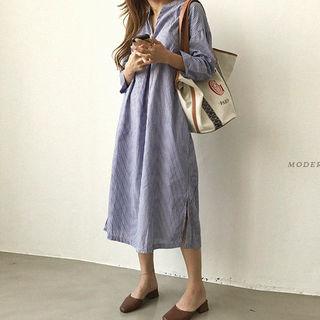 Open-placket Stripe Long Shirtdress