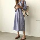 Open-placket Stripe Long Shirtdress