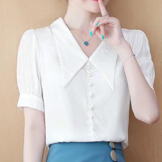 Pointy Collar Beaded Plain Chiffon Top
