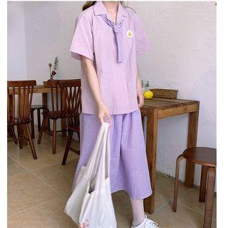 Short-sleeve Egg Detail Shirt / Checker A-line Midi Skrit