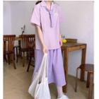 Short-sleeve Egg Detail Shirt / Checker A-line Midi Skrit