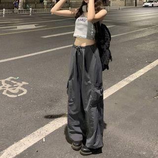 Lettering Crop Tank Top / Wide Leg Cargo Pants