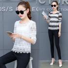 Elbow-sleeve Lace Top / Slim Fit Pants / Set