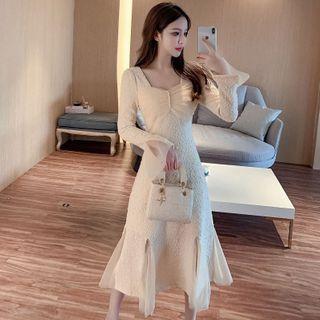 Bell-sleeve Mesh Panel Midi Mermaid Dress