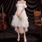 Short-sleeve Off-shoulder Mesh Evening Dress