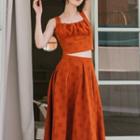 Set: Sleeveless Polka Dot Ruffled Cropped Top + A-line Midi Skirt