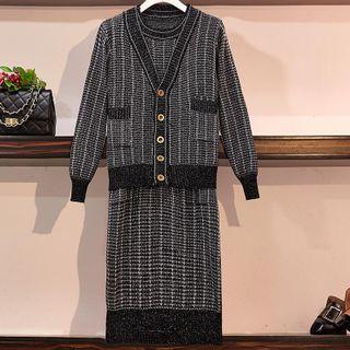 Set: Short-sleeve Tweed Midi Shift Knit Dress + Cardigan
