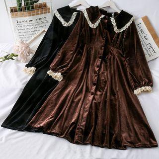 Sailor-collar Lace-trim Velvet A-line Dress