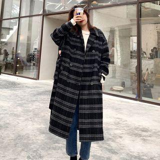 Single Breasted Sashed Plaid Long Coat