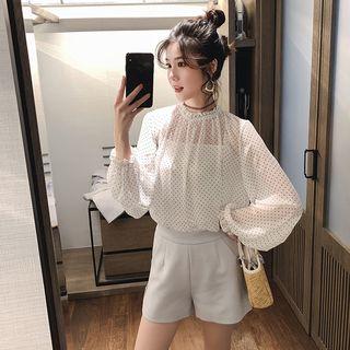 Set: Long-sleeve Polka Dot Chiffon Blouse + Camisole Top