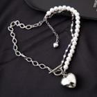Faux Pearl Heart Layered Choker Necklace 1 Pc - Silver - One Size