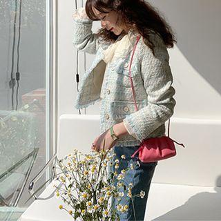 Buttoned Fringed Tweed Jacket Blue Green - One Size