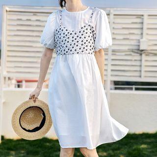 Set: Puff-sleeve Midi A-line Dress + Floral Cropped Camisole Top