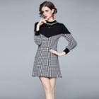Long-sleeve Knit Houndstooth Mini A-line Dress Black - One Size