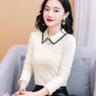 Polo-neck Plain Fleece-lined Blouse