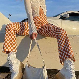 High Waist Plaid Pattern Pants